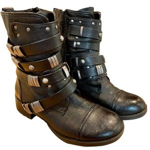 Skechers Lunacy Dragon Tattoo Black Buckled Faux Leather Combat Boots 6.5